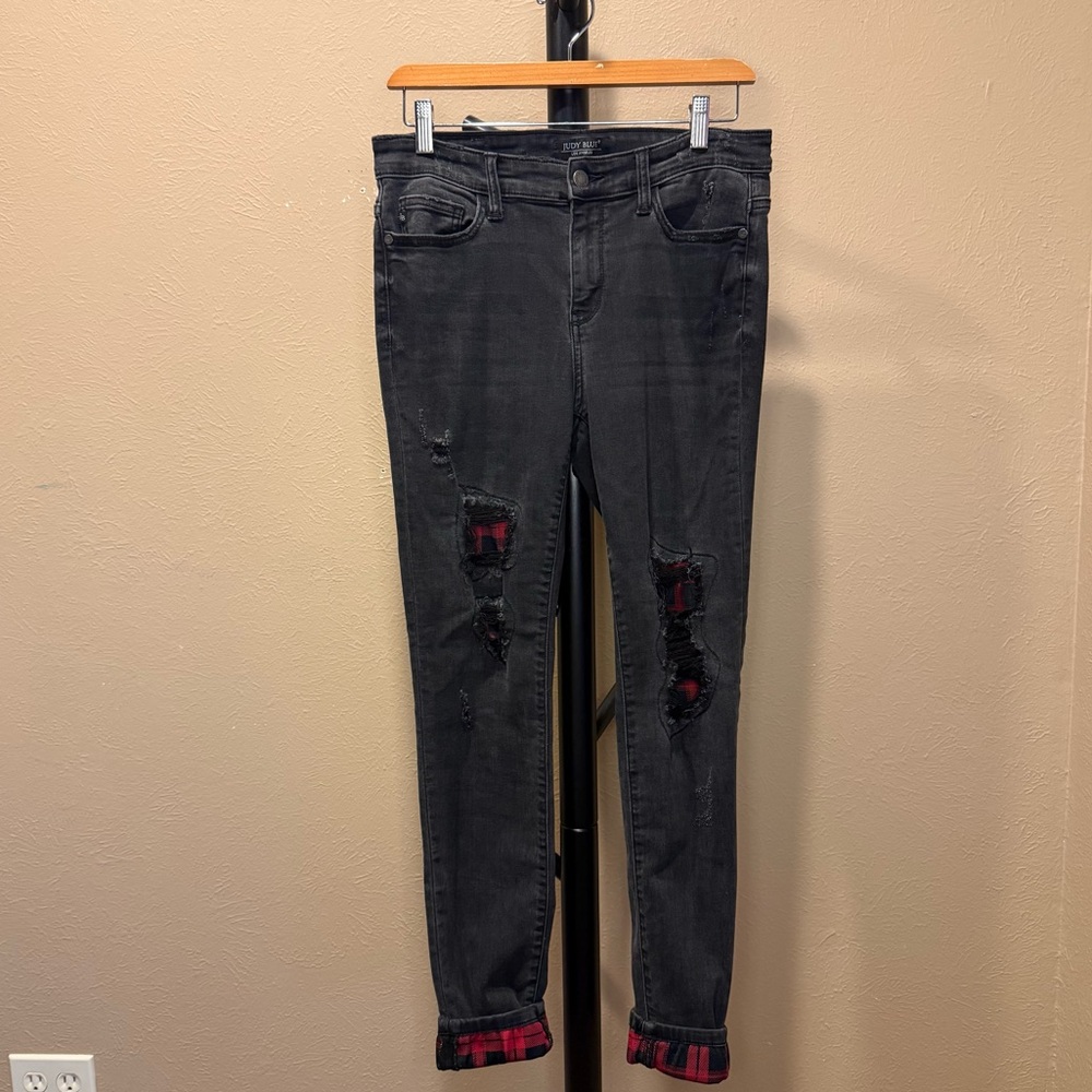 Judy Blue - Black Jeans Skinny Style - Buffalo Red Plaid Detail - Size 7 / 28